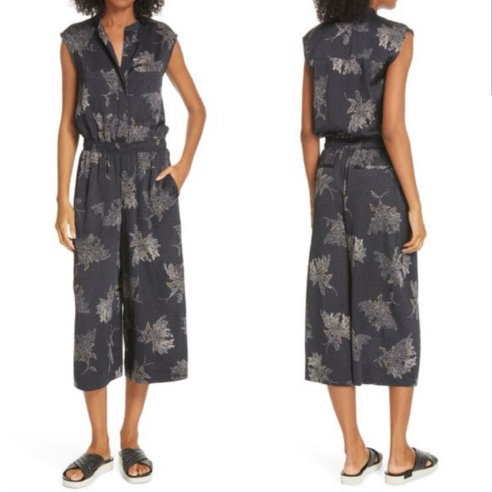VINCE Woodblock Floral Sleeveless Jumper Romper Black Silk Like Lightweight